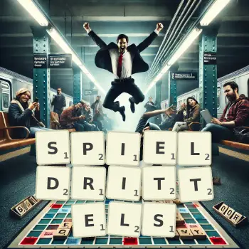 Kreative Illustration für ein Scrabble-Spiel, bei dem das Wort SPIELDRITTELS mit Steinen auf dem Brett gelegt wurde.