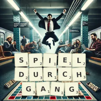 Kreative Illustration für ein Scrabble-Spiel, bei dem das Wort SPIELDURCHGANG mit Steinen auf dem Brett gelegt wurde.