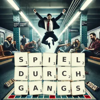 Kreative Illustration für ein Scrabble-Spiel, bei dem das Wort SPIELDURCHGANGS mit Steinen auf dem Brett gelegt wurde.
