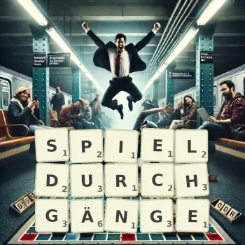 Kreative Illustration für ein Scrabble-Spiel, bei dem das Wort SPIELDURCHGÄNGE mit Steinen auf dem Brett gelegt wurde.