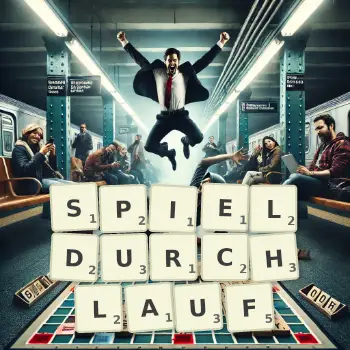 Kreative Illustration für ein Scrabble-Spiel, bei dem das Wort SPIELDURCHLAUF mit Steinen auf dem Brett gelegt wurde.