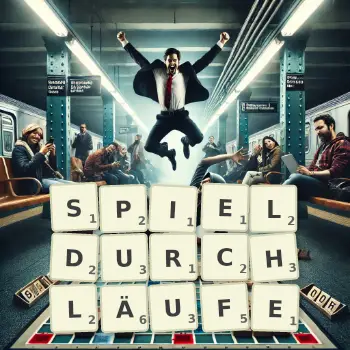 Kreative Illustration für ein Scrabble-Spiel, bei dem das Wort SPIELDURCHLÄUFE mit Steinen auf dem Brett gelegt wurde.
