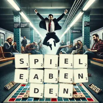 Kreative Illustration für ein Scrabble-Spiel, bei dem das Wort SPIELEABENDEN mit Steinen auf dem Brett gelegt wurde.