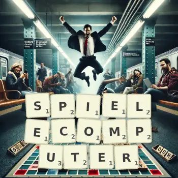 Kreative Illustration für ein Scrabble-Spiel, bei dem das Wort SPIELECOMPUTER mit Steinen auf dem Brett gelegt wurde.