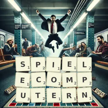 Kreative Illustration für ein Scrabble-Spiel, bei dem das Wort SPIELECOMPUTERN mit Steinen auf dem Brett gelegt wurde.