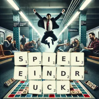 Kreative Illustration für ein Scrabble-Spiel, bei dem das Wort SPIELEINDRUCK mit Steinen auf dem Brett gelegt wurde.