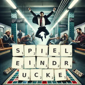 Kreative Illustration für ein Scrabble-Spiel, bei dem das Wort SPIELEINDRUCKE mit Steinen auf dem Brett gelegt wurde.