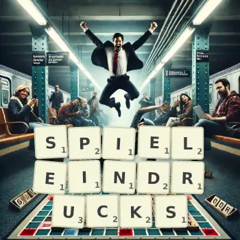 Kreative Illustration für ein Scrabble-Spiel, bei dem das Wort SPIELEINDRUCKS mit Steinen auf dem Brett gelegt wurde.