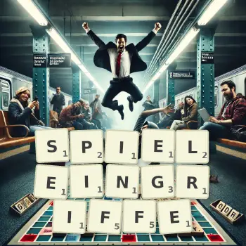 Kreative Illustration für ein Scrabble-Spiel, bei dem das Wort SPIELEINGRIFFE mit Steinen auf dem Brett gelegt wurde.