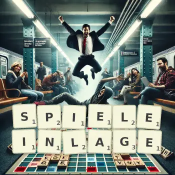 Kreative Illustration für ein Scrabble-Spiel, bei dem das Wort SPIELEINLAGE mit Steinen auf dem Brett gelegt wurde.