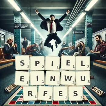 Kreative Illustration für ein Scrabble-Spiel, bei dem das Wort SPIELEINWURFES mit Steinen auf dem Brett gelegt wurde.
