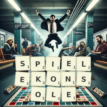 Kreative Illustration für ein Scrabble-Spiel, bei dem das Wort SPIELEKONSOLE mit Steinen auf dem Brett gelegt wurde.
