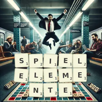 Kreative Illustration für ein Scrabble-Spiel, bei dem das Wort SPIELELEMENTE mit Steinen auf dem Brett gelegt wurde.