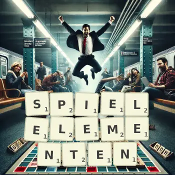Kreative Illustration für ein Scrabble-Spiel, bei dem das Wort SPIELELEMENTEN mit Steinen auf dem Brett gelegt wurde.