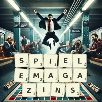 Kreative Illustration für ein Scrabble-Spiel, bei dem das Wort SPIELEMAGAZINS mit Steinen auf dem Brett gelegt wurde.