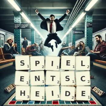 Kreative Illustration für ein Scrabble-Spiel, bei dem das Wort SPIELENTSCHEIDE mit Steinen auf dem Brett gelegt wurde.