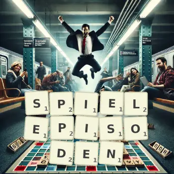 Kreative Illustration für ein Scrabble-Spiel, bei dem das Wort SPIELEPISODEN mit Steinen auf dem Brett gelegt wurde.