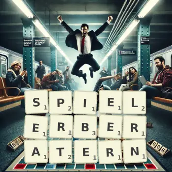 Kreative Illustration für ein Scrabble-Spiel, bei dem das Wort SPIELERBERATERN mit Steinen auf dem Brett gelegt wurde.