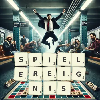 Kreative Illustration für ein Scrabble-Spiel, bei dem das Wort SPIELEREIGNIS mit Steinen auf dem Brett gelegt wurde.