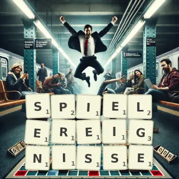 Kreative Illustration für ein Scrabble-Spiel, bei dem das Wort SPIELEREIGNISSE mit Steinen auf dem Brett gelegt wurde.
