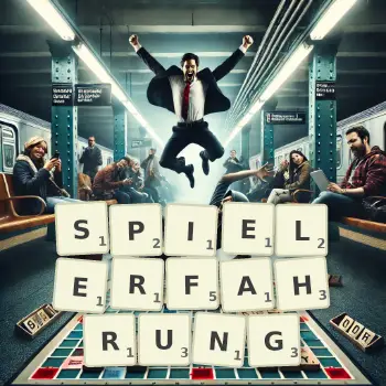 Kreative Illustration für ein Scrabble-Spiel, bei dem das Wort SPIELERFAHRUNG mit Steinen auf dem Brett gelegt wurde.