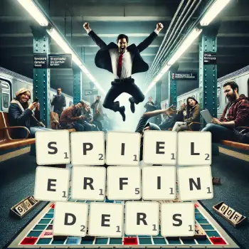 Kreative Illustration für ein Scrabble-Spiel, bei dem das Wort SPIELERFINDERS mit Steinen auf dem Brett gelegt wurde.