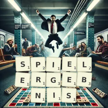 Kreative Illustration für ein Scrabble-Spiel, bei dem das Wort SPIELERGEBNIS mit Steinen auf dem Brett gelegt wurde.