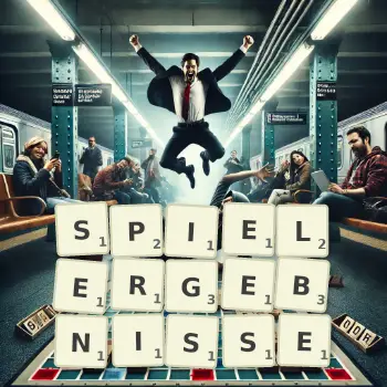 Kreative Illustration für ein Scrabble-Spiel, bei dem das Wort SPIELERGEBNISSE mit Steinen auf dem Brett gelegt wurde.