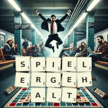 Kreative Illustration für ein Scrabble-Spiel, bei dem das Wort SPIELERGEHALT mit Steinen auf dem Brett gelegt wurde.