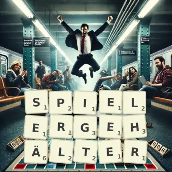 Kreative Illustration für ein Scrabble-Spiel, bei dem das Wort SPIELERGEHÄLTER mit Steinen auf dem Brett gelegt wurde.