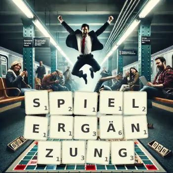 Kreative Illustration für ein Scrabble-Spiel, bei dem das Wort SPIELERGÄNZUNG mit Steinen auf dem Brett gelegt wurde.