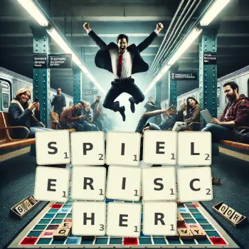 Kreative Illustration für ein Scrabble-Spiel, bei dem das Wort SPIELERISCHER mit Steinen auf dem Brett gelegt wurde.