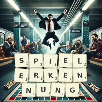 Kreative Illustration für ein Scrabble-Spiel, bei dem das Wort SPIELERKENNUNG mit Steinen auf dem Brett gelegt wurde.