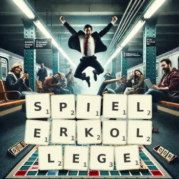 Kreative Illustration für ein Scrabble-Spiel, bei dem das Wort SPIELERKOLLEGE mit Steinen auf dem Brett gelegt wurde.