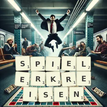 Kreative Illustration für ein Scrabble-Spiel, bei dem das Wort SPIELERKREISEN mit Steinen auf dem Brett gelegt wurde.