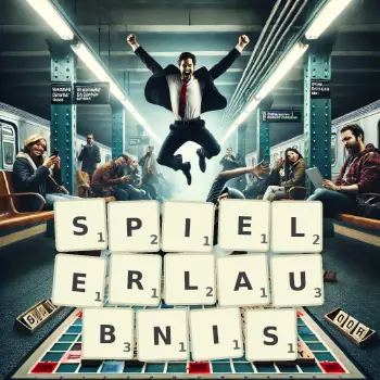 Kreative Illustration für ein Scrabble-Spiel, bei dem das Wort SPIELERLAUBNIS mit Steinen auf dem Brett gelegt wurde.