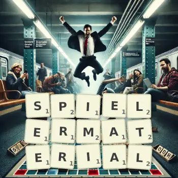 Kreative Illustration für ein Scrabble-Spiel, bei dem das Wort SPIELERMATERIAL mit Steinen auf dem Brett gelegt wurde.