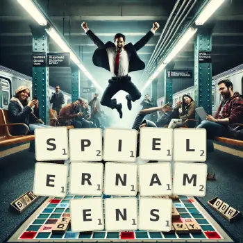 Kreative Illustration für ein Scrabble-Spiel, bei dem das Wort SPIELERNAMENS mit Steinen auf dem Brett gelegt wurde.