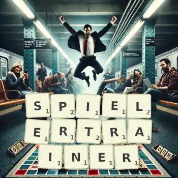 Kreative Illustration für ein Scrabble-Spiel, bei dem das Wort SPIELERTRAINER mit Steinen auf dem Brett gelegt wurde.