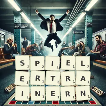 Kreative Illustration für ein Scrabble-Spiel, bei dem das Wort SPIELERTRAINERN mit Steinen auf dem Brett gelegt wurde.