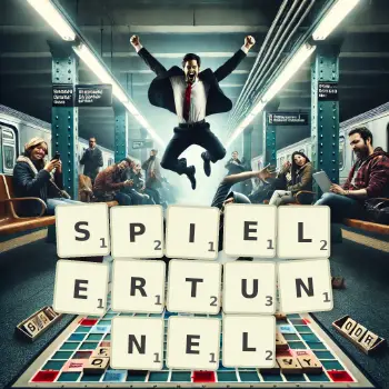 Kreative Illustration für ein Scrabble-Spiel, bei dem das Wort SPIELERTUNNEL mit Steinen auf dem Brett gelegt wurde.