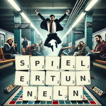 Kreative Illustration für ein Scrabble-Spiel, bei dem das Wort SPIELERTUNNELN mit Steinen auf dem Brett gelegt wurde.