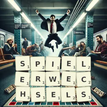 Kreative Illustration für ein Scrabble-Spiel, bei dem das Wort SPIELERWECHSELS mit Steinen auf dem Brett gelegt wurde.