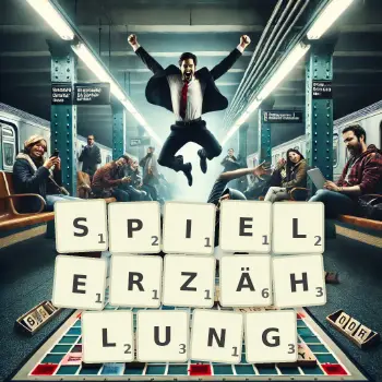 Kreative Illustration für ein Scrabble-Spiel, bei dem das Wort SPIELERZÄHLUNG mit Steinen auf dem Brett gelegt wurde.
