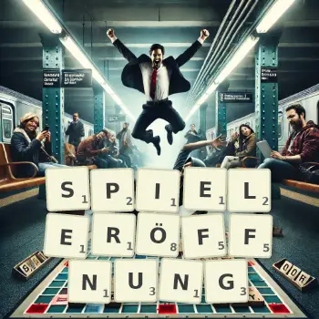 Kreative Illustration für ein Scrabble-Spiel, bei dem das Wort SPIELERÖFFNUNG mit Steinen auf dem Brett gelegt wurde.