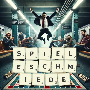 Kreative Illustration für ein Scrabble-Spiel, bei dem das Wort SPIELESCHMIEDE mit Steinen auf dem Brett gelegt wurde.