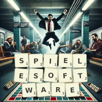 Kreative Illustration für ein Scrabble-Spiel, bei dem das Wort SPIELESOFTWARE mit Steinen auf dem Brett gelegt wurde.
