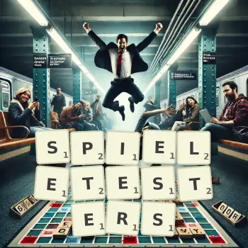 Kreative Illustration für ein Scrabble-Spiel, bei dem das Wort SPIELETESTERS mit Steinen auf dem Brett gelegt wurde.