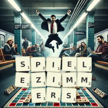 Kreative Illustration für ein Scrabble-Spiel, bei dem das Wort SPIELEZIMMERS mit Steinen auf dem Brett gelegt wurde.