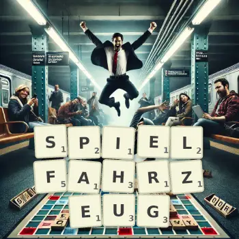 Kreative Illustration für ein Scrabble-Spiel, bei dem das Wort SPIELFAHRZEUG mit Steinen auf dem Brett gelegt wurde.